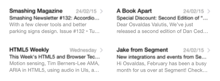 Newsletters from Smashing Magazine, HTML5 Weekly, A Book Apart, Segment